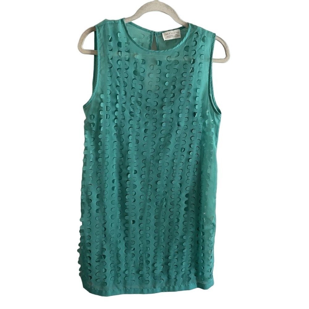 Zara Collection Women SZ M Teal Hole Punch Design Lined Sleeveless Shift Dress